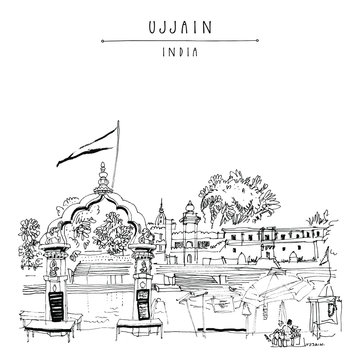 Ram Ghat in the holy city of Ujjain, Madha Pradesh, India. Place for Shipra Aarti ceremony. Artistic travel sketch. Vintage hand drawn postcard in vector