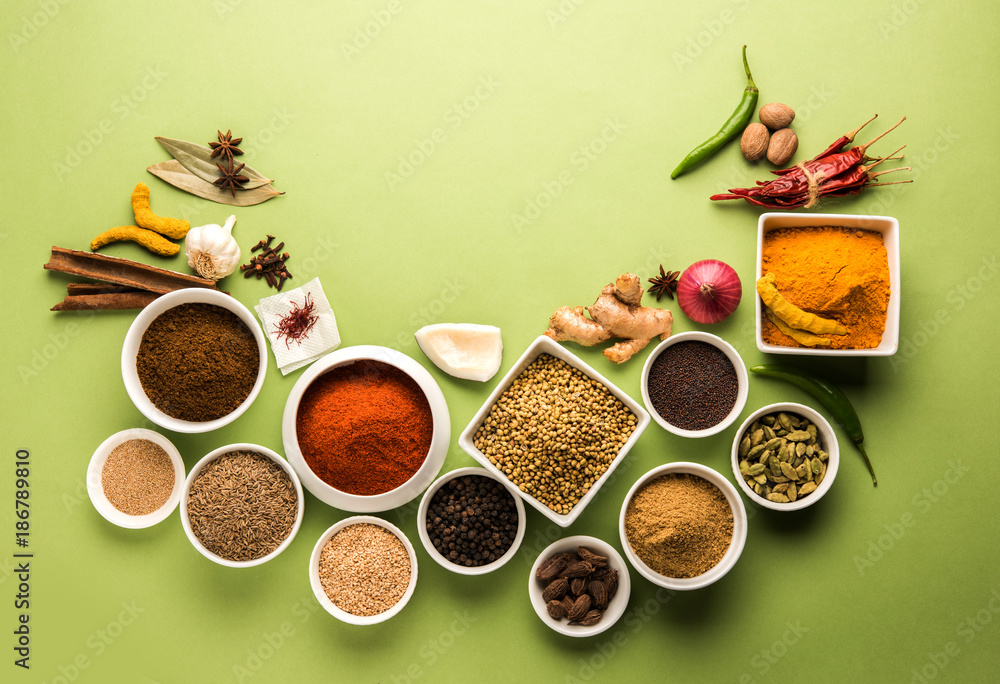 Canvas Prints raw indian spice powder over red , green or yellow background, selective focus