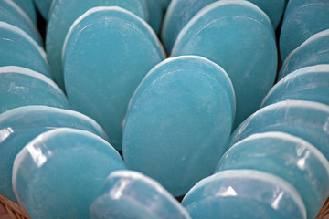 Stack of handmade bath soap based on coarse salt