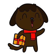 cute cartoon dog with christmas present