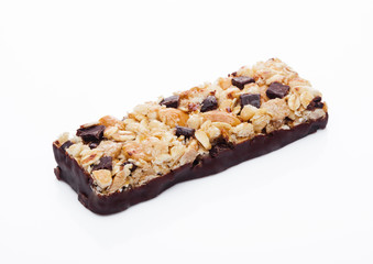 Chocolate protein cereal energy bar on white