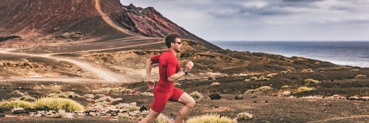 Runner trail running athlete man training cardio in landscape banner background. Sport outdoor in nature. Ultra run race. - obrazy, fototapety, plakaty