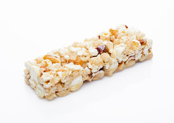 Fototapeta na wymiar Popcorn protein cereal energy bar with nuts