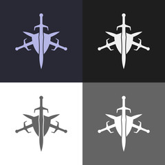 Shield and sword emblem. Defender logo template. Security sign.