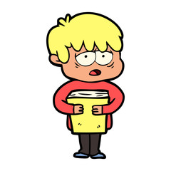 cartoon exhausted boy holding book