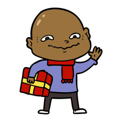 cartoon nervous man with xmas present