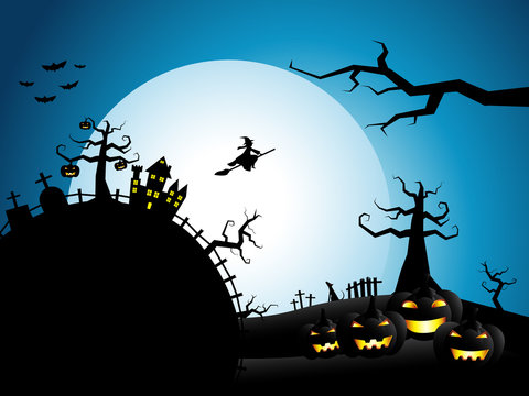 Halloween  Moon background with pumpkins and a flying witch from dark castle