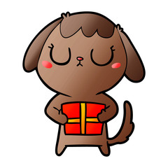 cute cartoon dog with christmas present