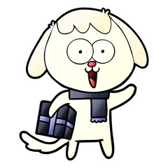 cute cartoon dog with christmas present