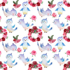 Watercolor pattern with wreath, birds 