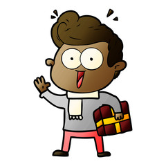 cartoon excited man with present