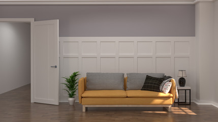 Yellow sofa in front of white and gray wall on wooden floor 3d rendering modern mid century room interior white lamp and sideboard in vintage empty home living room interior design