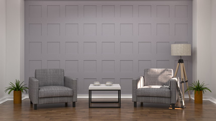 Two gray armchairs in the living room on wooden floor 3d rendering modern mid century room interior white lamp and sideboard in vintage empty home