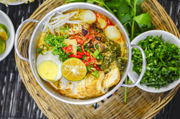 Hot and spicy curry noodle on the table. Curry noodle is a one of the popular foods in asia.