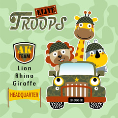 Funny soldiers cartoon on military car