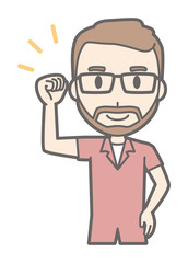 A man who wears glasses and has a beard raises his fist