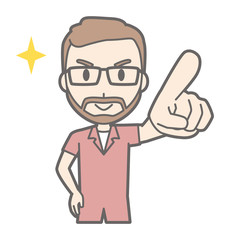 A man who wears eyeglasses and has a mustache points towards the front