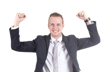 Businessman standing on white background with success feeling, Business success Concept, isolated on white background.