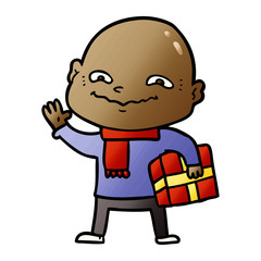cartoon nervous man with xmas present