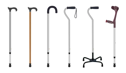 Foto op Canvas Set of walking sticks and crutches. Telescopic metal canes, wooden cane, cane with additional support,  elbow crutch. Medical devices. Vector illustrations © Nikolayev