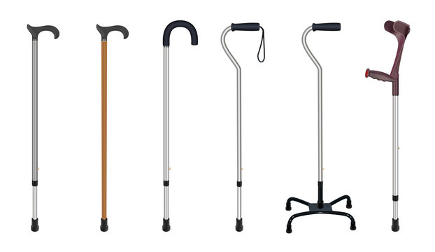 Set of walking sticks and crutches. Telescopic metal canes, wooden cane, cane with additional support,  elbow crutch. Medical devices. Vector illustrations
