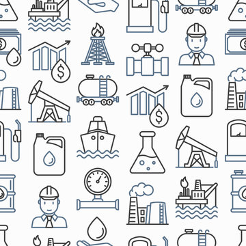 Oil industry seamless pattern with thin line icons: gas, petroleum, diesel,  truck, tanker, ship, refinery, barrel. Modern vector illustration.