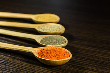 Spoons with the different spices on dark wooden table
