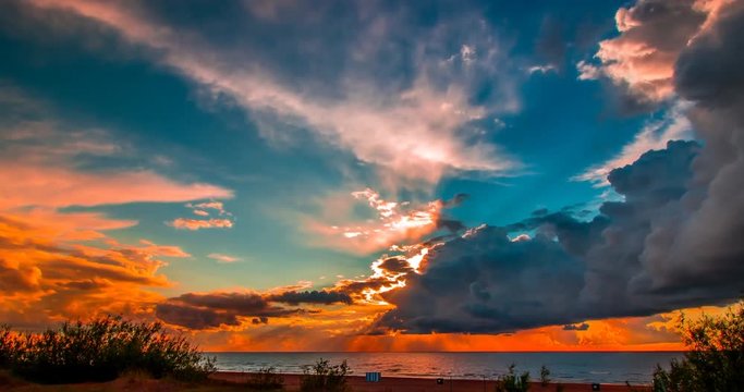 Apocalyptic sunset and clouds over forest lake, timelapse