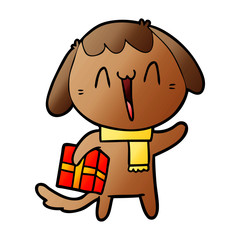 cute cartoon dog with christmas present