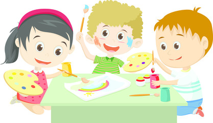 happy kids drawing together isolated on white