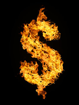 Dollar sign from fire flame isolated on black background.