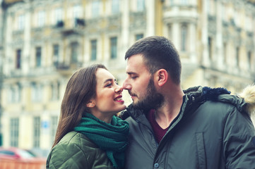 Young romantic couple in the city . A couple in love