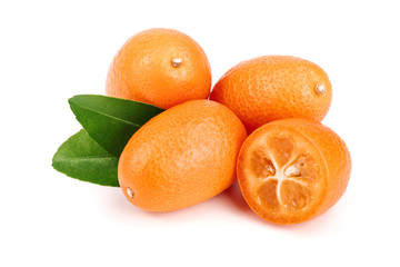Cumquat or kumquat with leaf isolated on white background close up