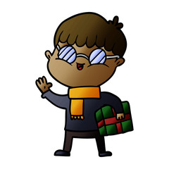 cartoon boy wearing spectacles carrying gift