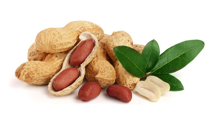 peanuts with leaf isolated on white background