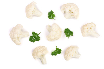 Piece of cauliflower with parsley isolated on white background. Top view. Flat lay