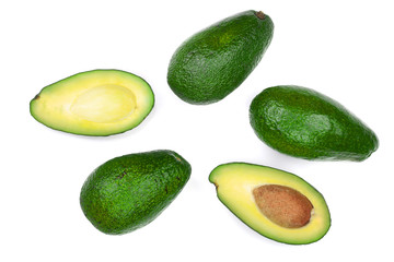 whole and half avocado isolated on white background close-up. Top view