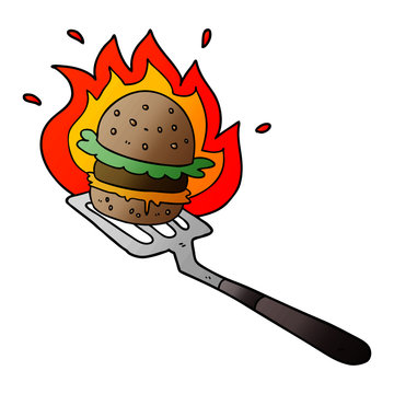 Cartoon Flaming Burger On Spatula