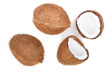 whole coconut with half isolated on white background. Flat lay. Top view
