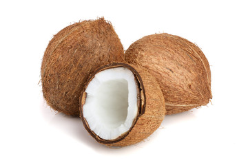 whole coconut and half isolated on white background
