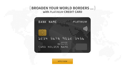 Platinum bank card vector illustration. Bank credit (debit) card promotion creative concept with world map on the background. Plastic platinum contactless card graphic design.