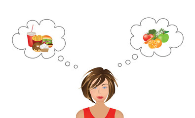 woman thinking about food choice, healthy vs unhealthy food, vector
