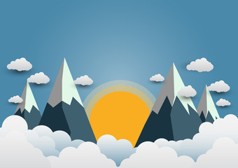 Beautiful suns and mountains with a variety of clouds.paper art