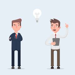 Two businessmen working together. Great idea in the form of a light bulb. The concept of teamwork and brainstorming.