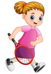 Young girl playing tennis on a white background