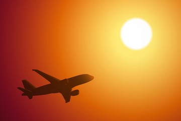 Airplane in the sky at the beautiful sunset. Vector illustration.