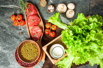 Raw steak fillet with vegetables