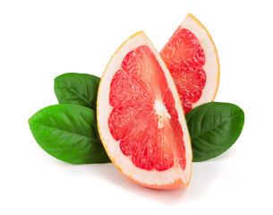 Grapefruit slices with leaves isolated on white background