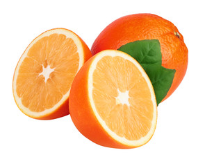 Orange with slice and leaf isolated on the white background