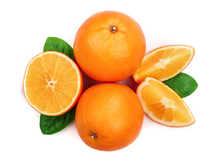 Orange with slice and leaf isolated on the white background. Flat lay pattern. Top view